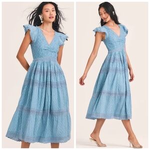 LoveShackFancy Blue Midi Dress with Lace Details